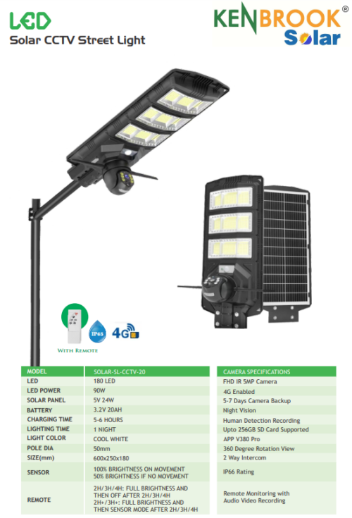 Kenbrook Solar SL CCTV Camera Street Light All in One – IP65 Waterproof, Automatic On Off Motion Sensor Solar Light For Outdoor Use (4G 20 Watt) - Image 5